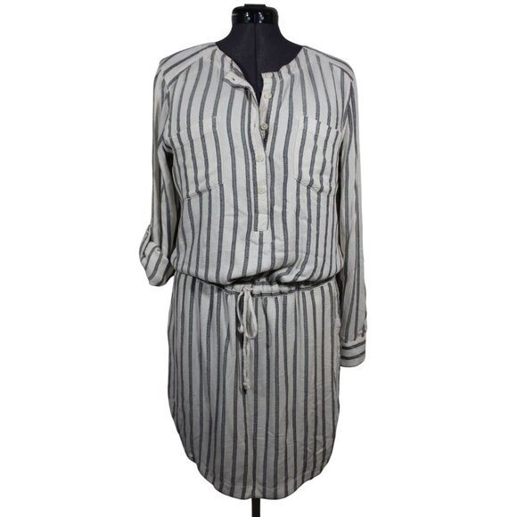 Lou & Grey LOFT women's striped drop waist roll tab utility shirt dress M - Picture 1 of 8